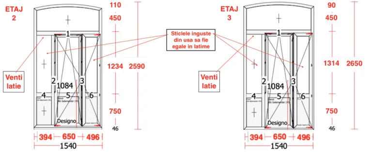 Technical drawing of a window and door unit with dimensions