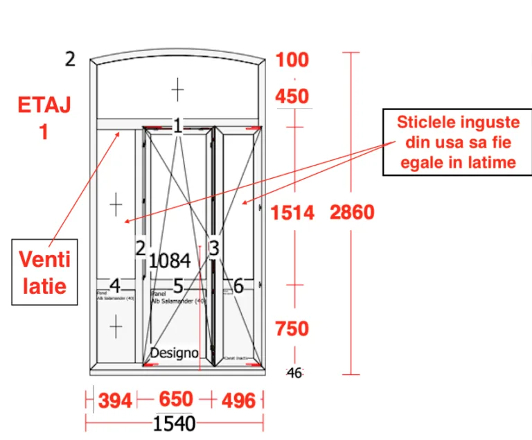 Technical drawing of a window and door unit with dimensions