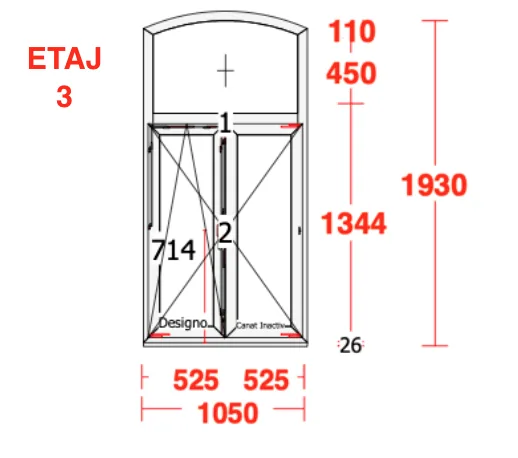 Technical drawing of an arched window with dimensions
