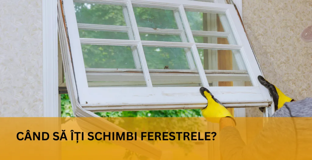 Fereastră veche de lemn scoasă din gol, cu titlul „Când să îți schimbi ferestrele?”