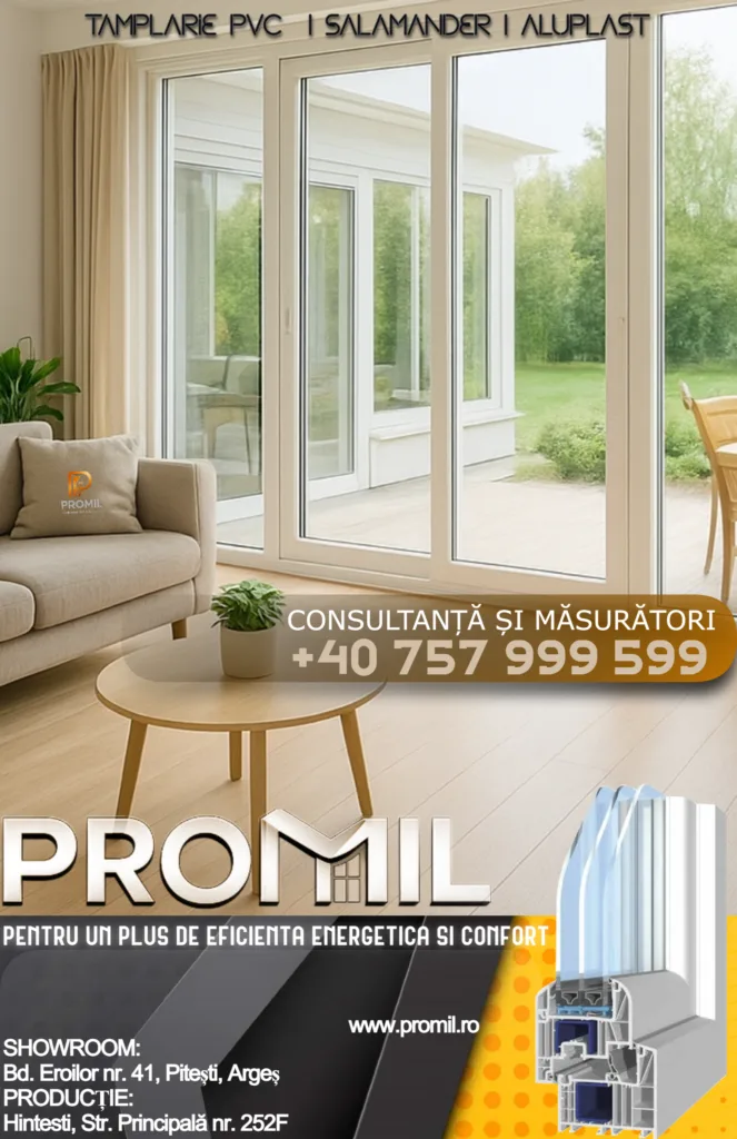 Afiș ProMil cu tâmplărie Salamander și Aluplast și telefonul showroomului
