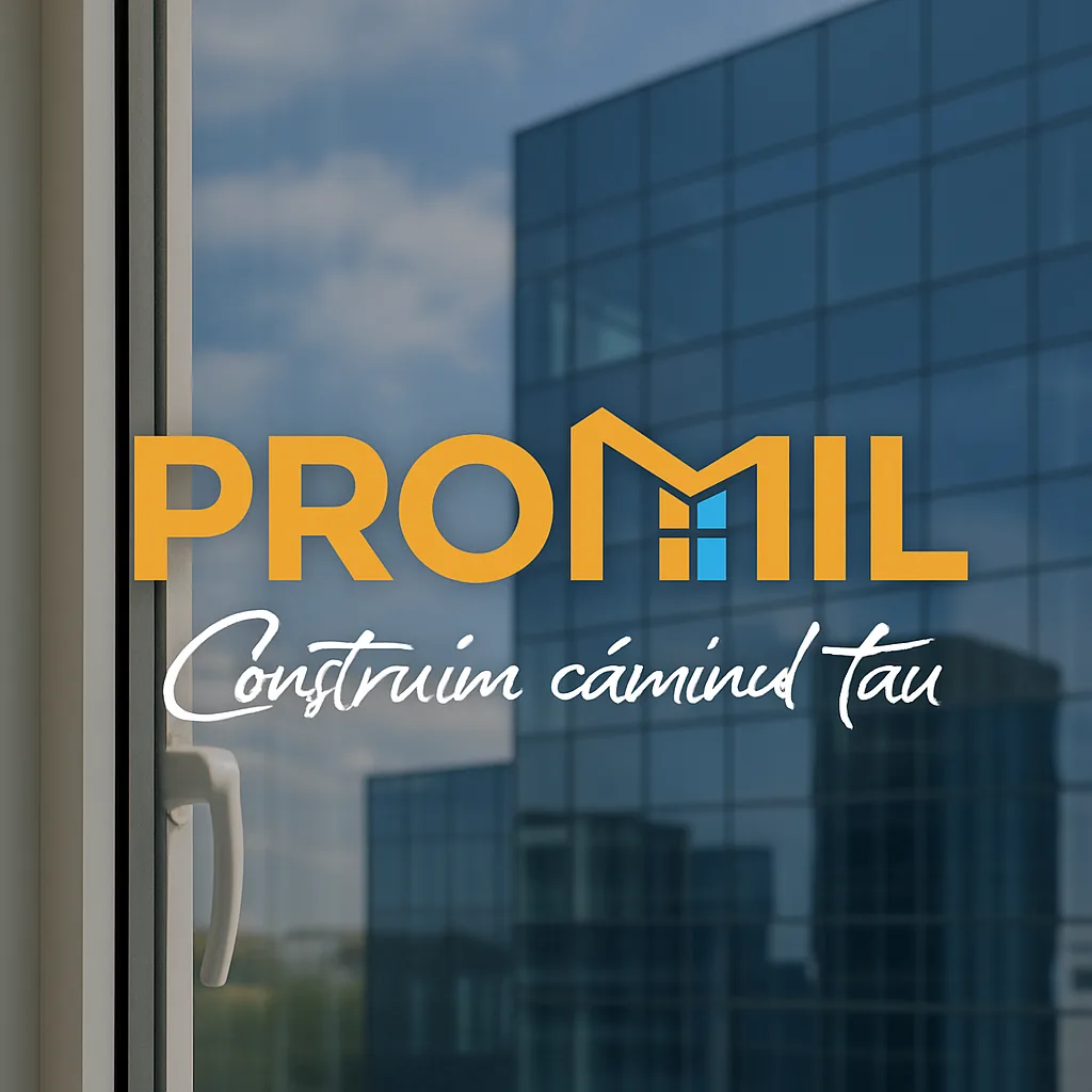 Sigla ProMil „Construim căminul tău” pe fundalul unei fațade de sticlă