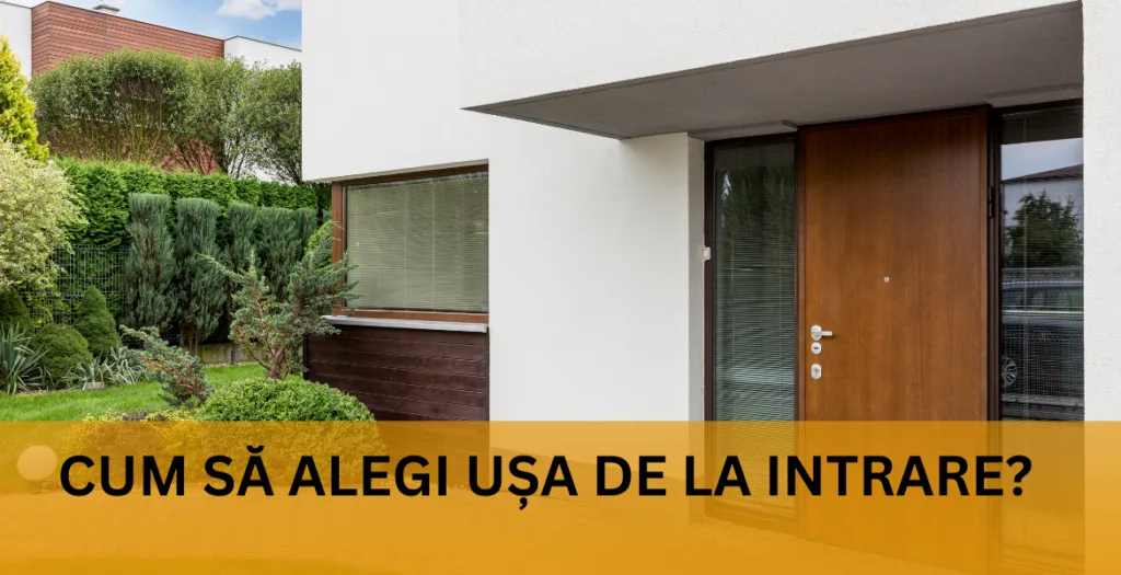Ușă de intrare din lemn la o casă modernă albă
