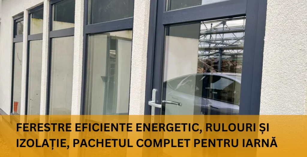 Ușă și ferestre din PVC gri pe o fațadă în lucru