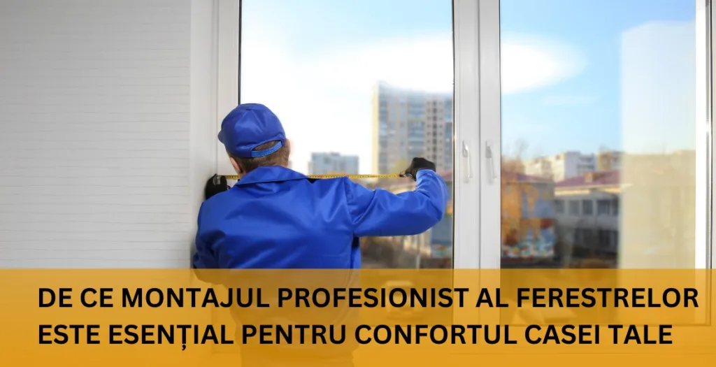 Montator în salopetă albastră care montează o fereastră