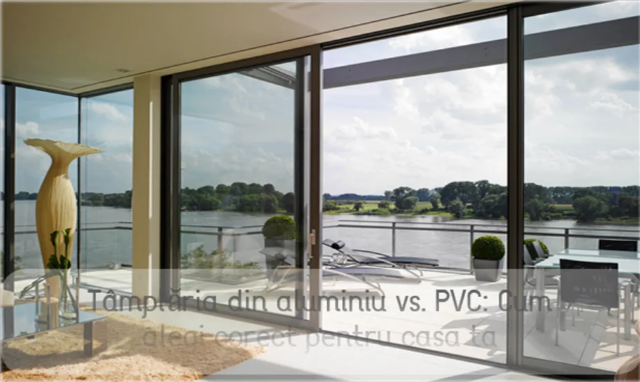 Interior cu uși glisante mari spre un lac și titlul despre aluminiu vs. PVC