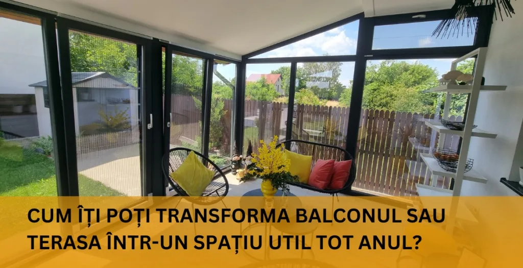 Terasă închisă cu tâmplărie gri și mobilier de grădină