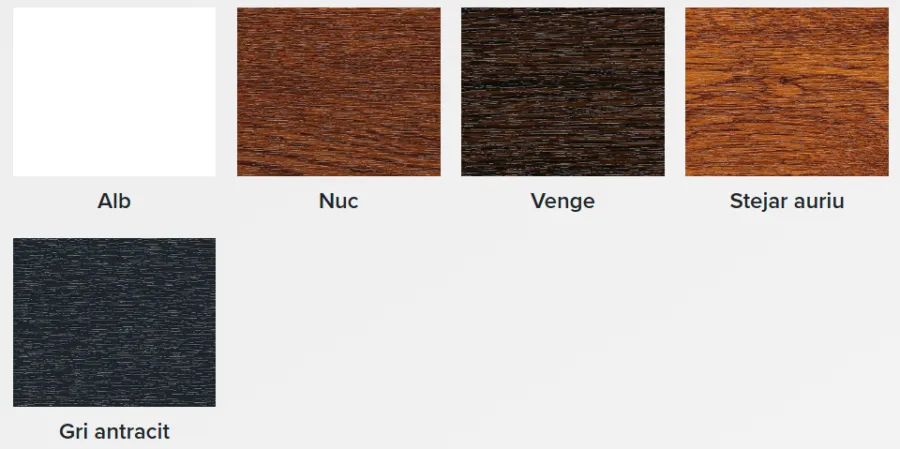 Paletar de culori pentru profile PVC: alb, nuc, venge, stejar auriu, gri antracit