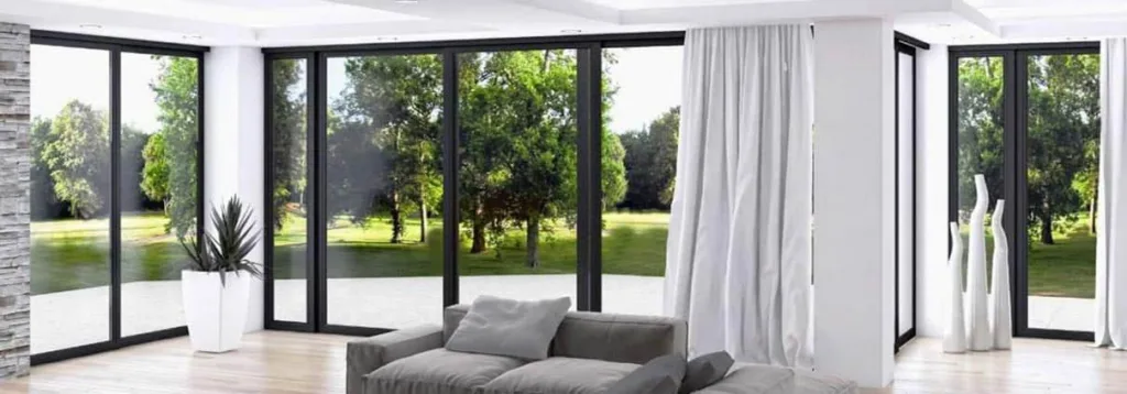 Living room with large dark-framed windows facing a garden