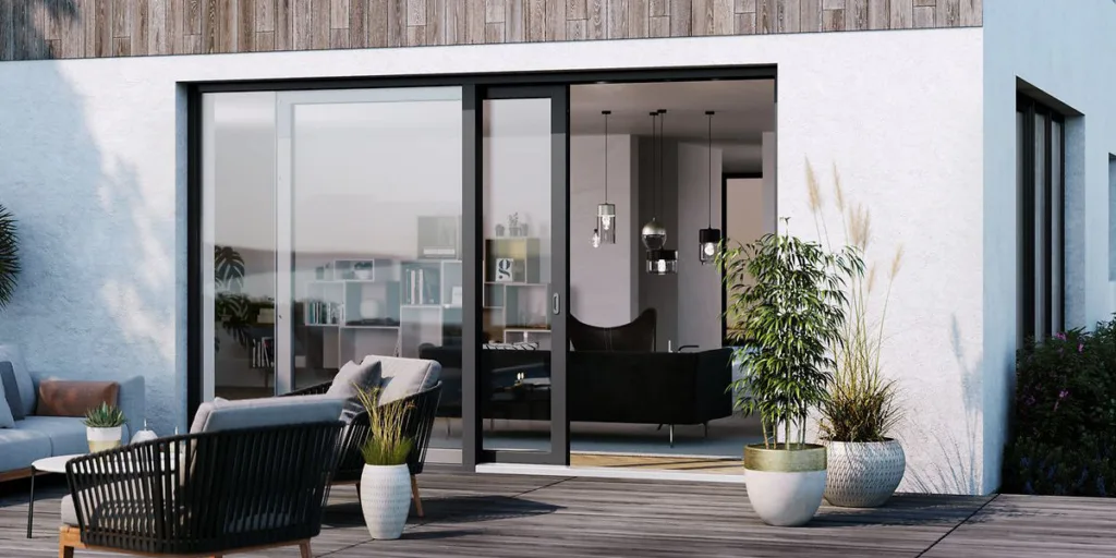 Aluminium sliding door opening onto a terrace